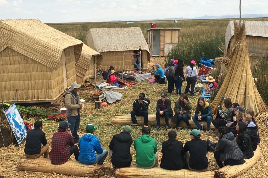 One highlight of the Spanish LSA+ in Cusco, Peru, this fall was a trip to Lake Titicaca. “We visited the Uros floating islands and stayed one night with Aymara families on an island,” says Professor Silvia Spitta.