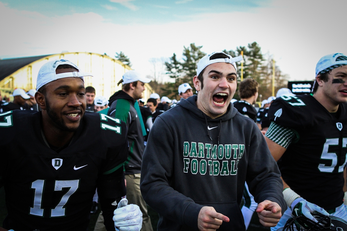 The Big Green football team celebrates its 17–10 victory over Princeton