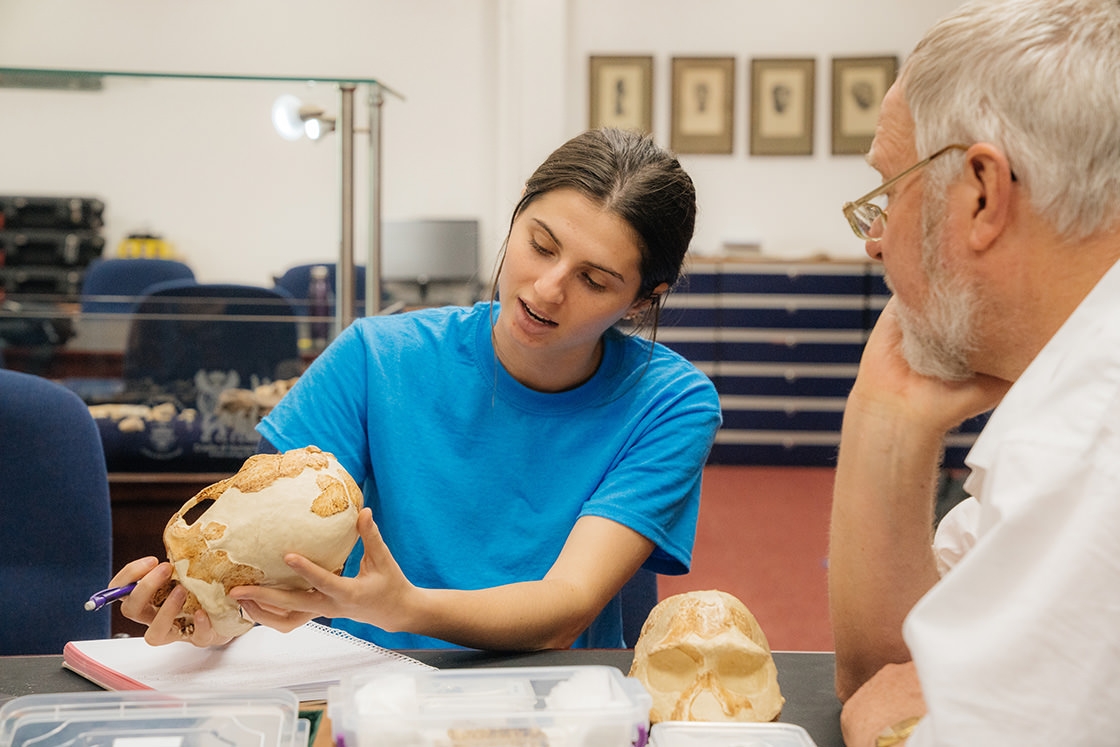 Olivia Wiener ’19 takes a close look at fossilized skull fragments with Francis Thackeray