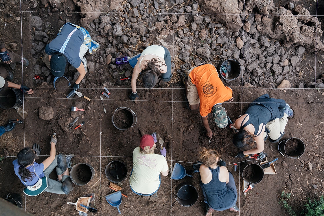 Students and workers work meticulously to uncover deeper layers of soil