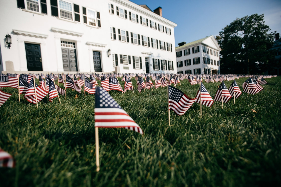 Tiny flags in front of Dartmouth Hall in honor of 9/11