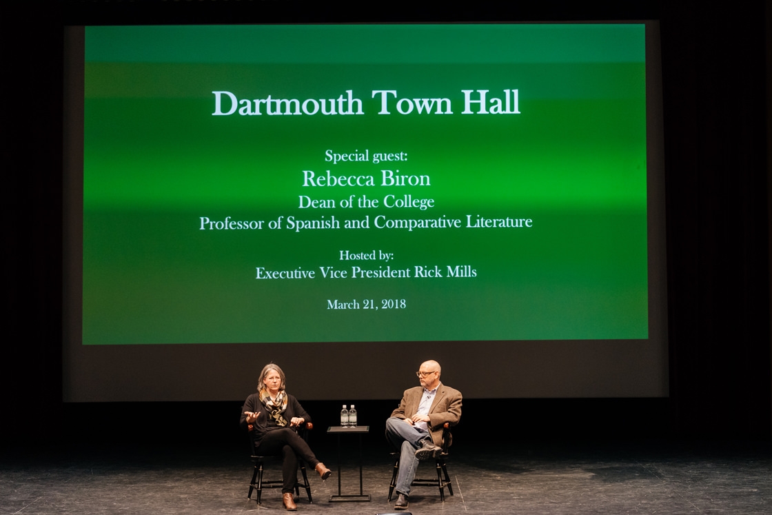Rebecca Biron and Rick Mills talk at a Dartmouth town hall