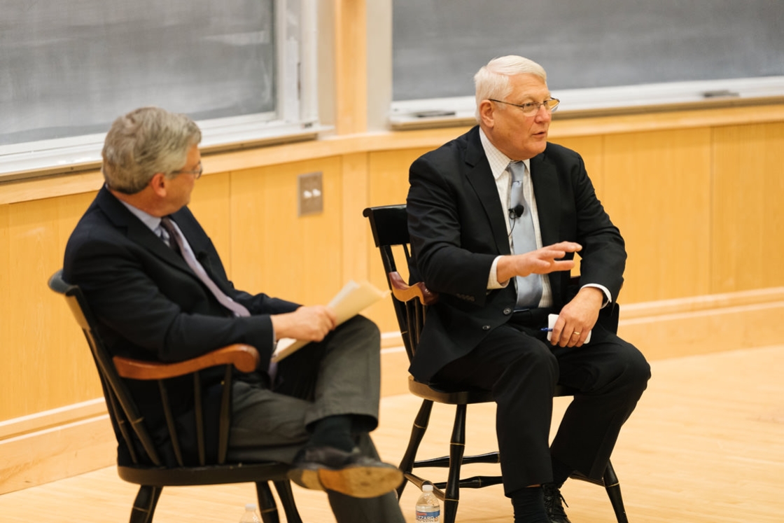 Director of the John Sloan Dickey Center for International Understanding Daniel Benjamin, left, moderated a discussion with Gen Carter Ham (Ret.) on Tuesday, Nov. 12.
