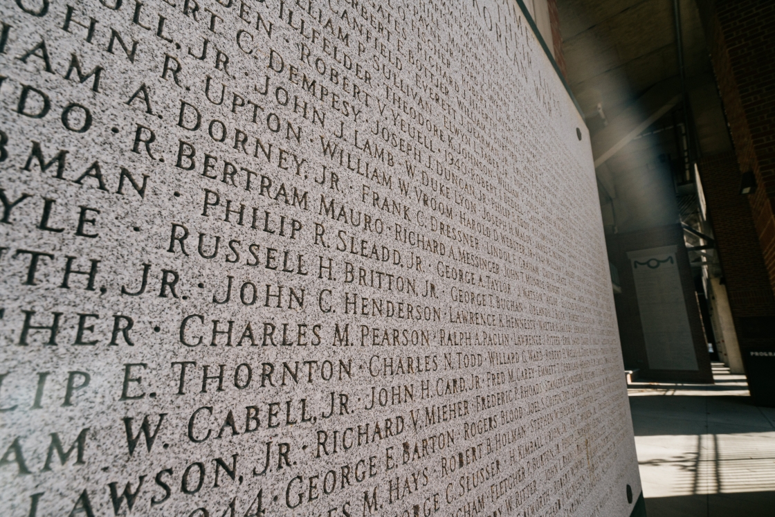 Granite marker listing alumni who died in World War II