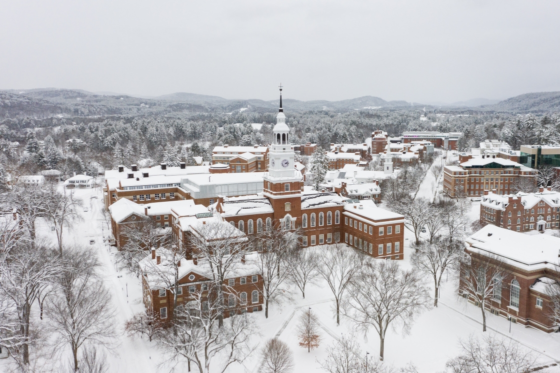 Baker-Berry Library on Dartmouth campus as seen from a drone on December 16, 2020