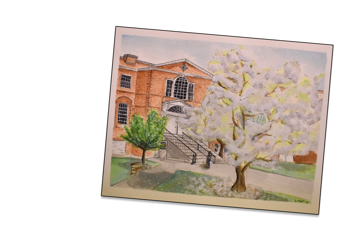 Tree in bloom in front of Dartmouth Library art by Caitlin Flint '16