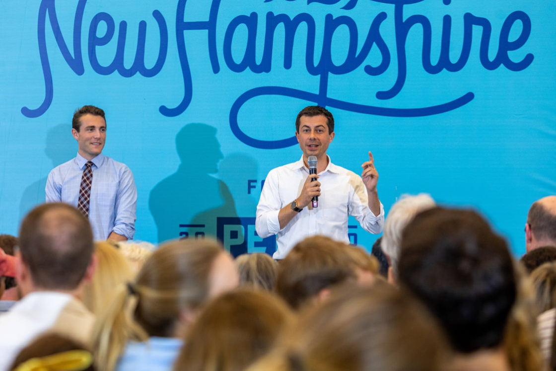 Garrett Muscatel '20, left, appeared alongside Mayor Pete Buttigieg of South Bend, Ind., a candidate for the Democratic nomination for president, during a campaign event on Aug. 24 held at the Hanover Inn. Muscatel represents Hanover in the New Hampshire