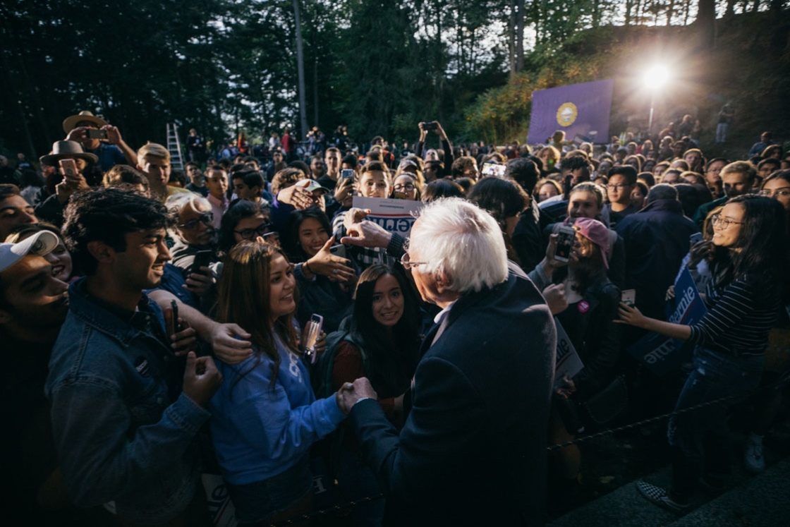 Sen. Bernie Sanders (I-Vt.) rallying the crowd among Bema's pines during a recent campaign stop.