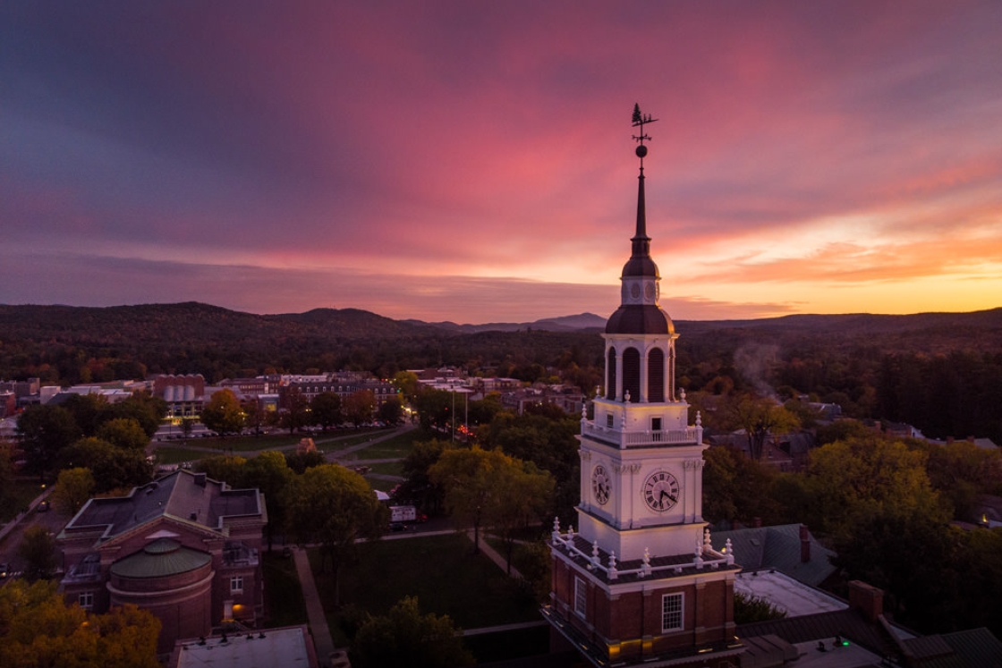 Drone shot of campus overlooking Baker-Berry Library at sunset