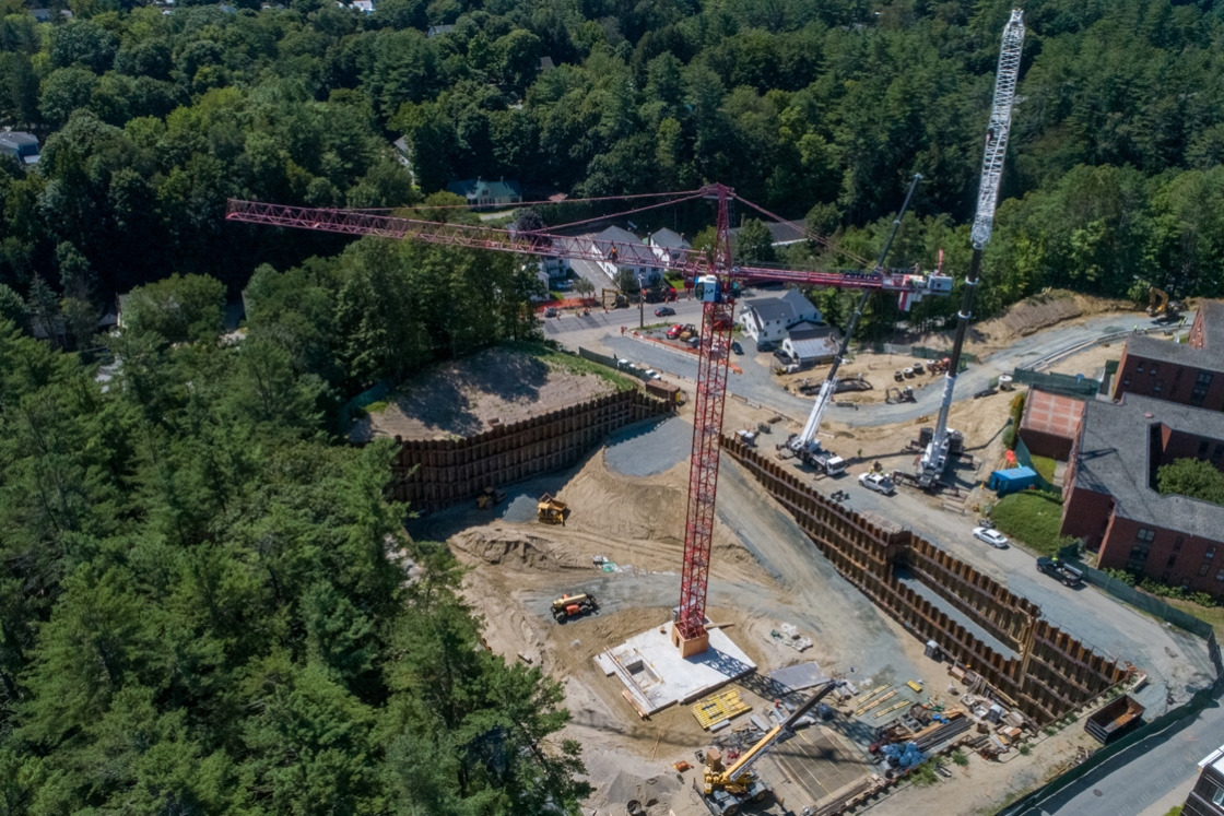 A newly erected tower crane rises out from the foundation of the future Center for Engineering and Computer Science, a 160,000-square-foot building being constructed on the west end of campus.