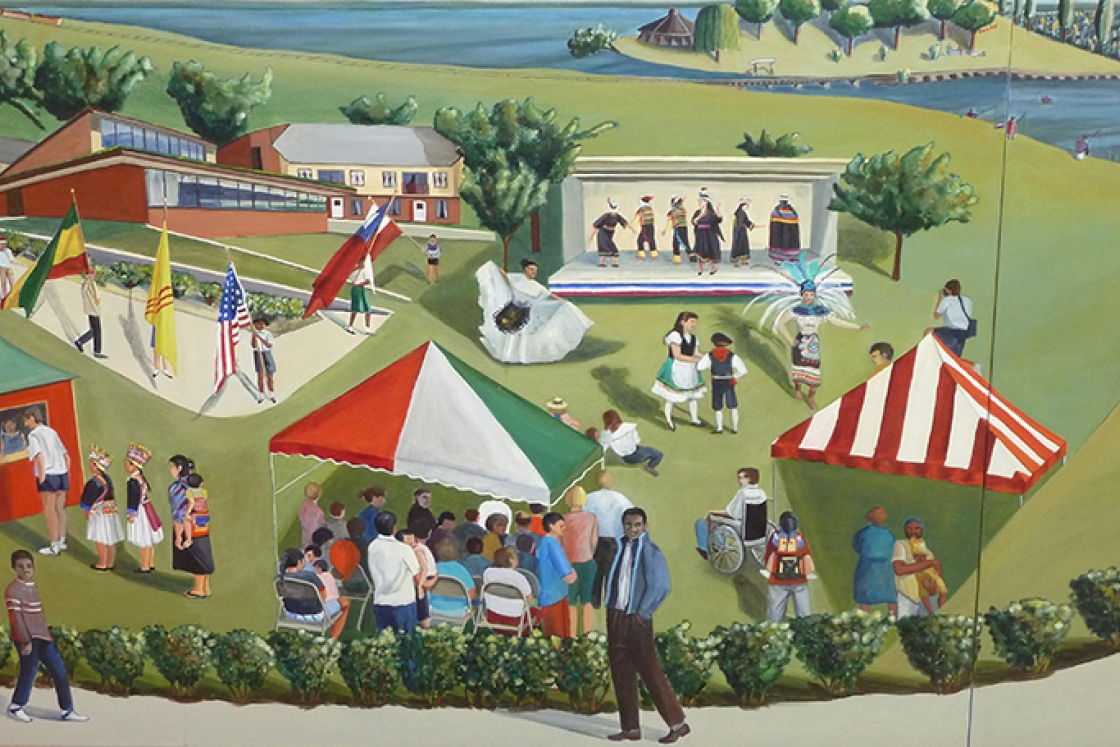 a colorful mural featuring people, trees, and tents in a park