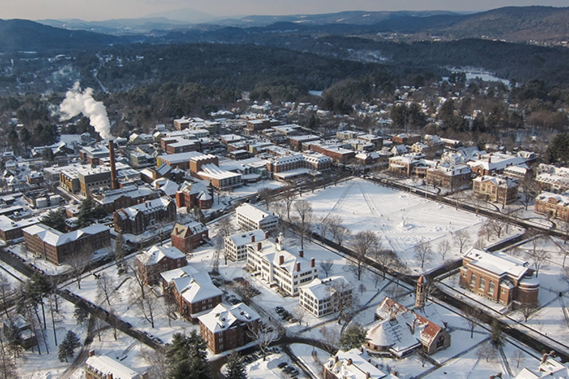 an aerial view of Dartmouth's campus in winter