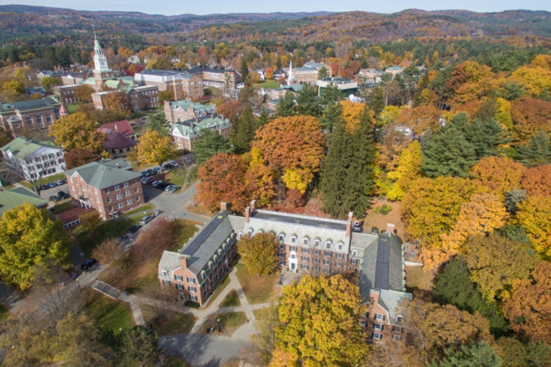 an aerial view of North Park with fall foliage behind