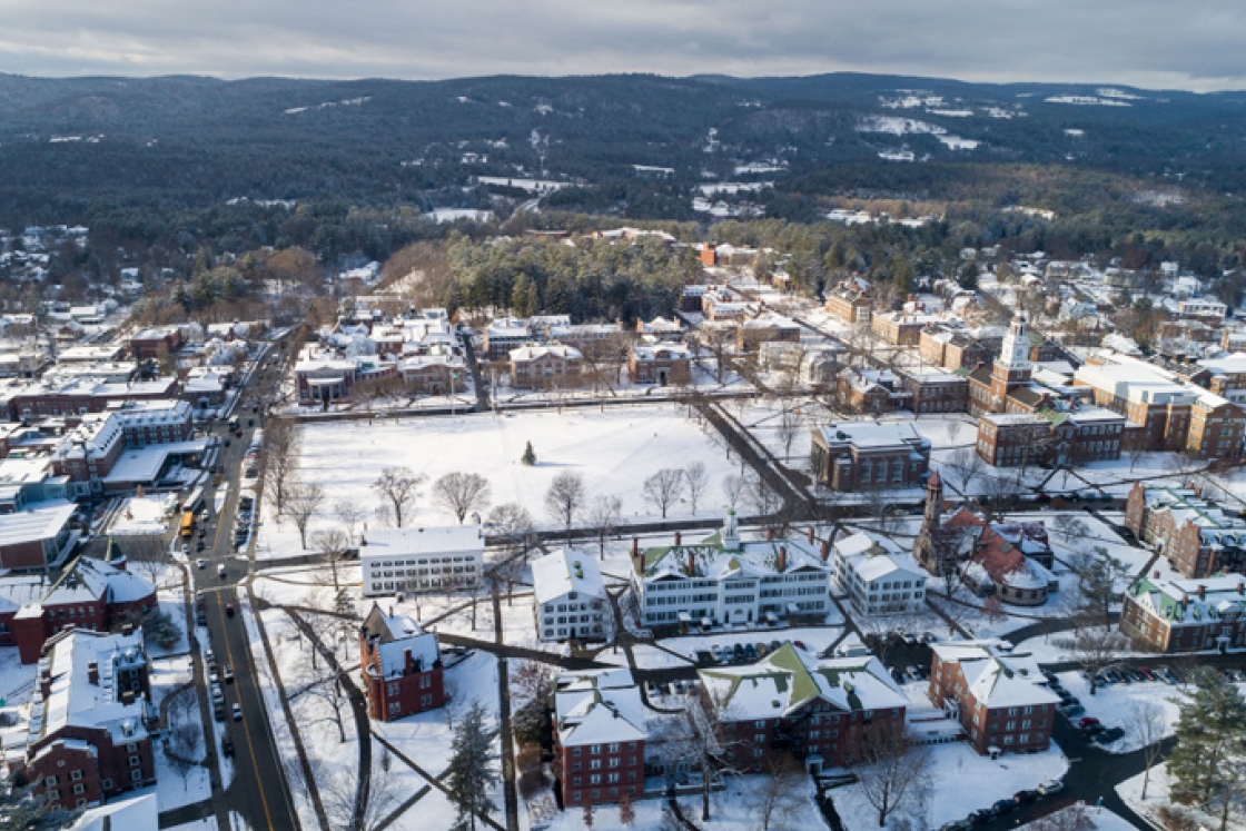 Aerial view of campus in winter