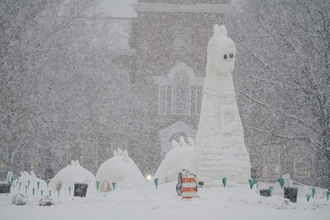 A large snow sculpture of the lochness monster on the Dartmouth green