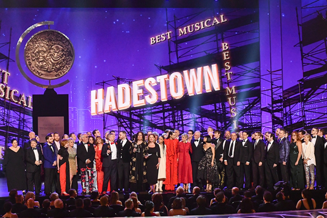 The company of “Hadestown” accept the award for best musical at the Tony Awards at Radio City Music Hall in New York on Sunday.