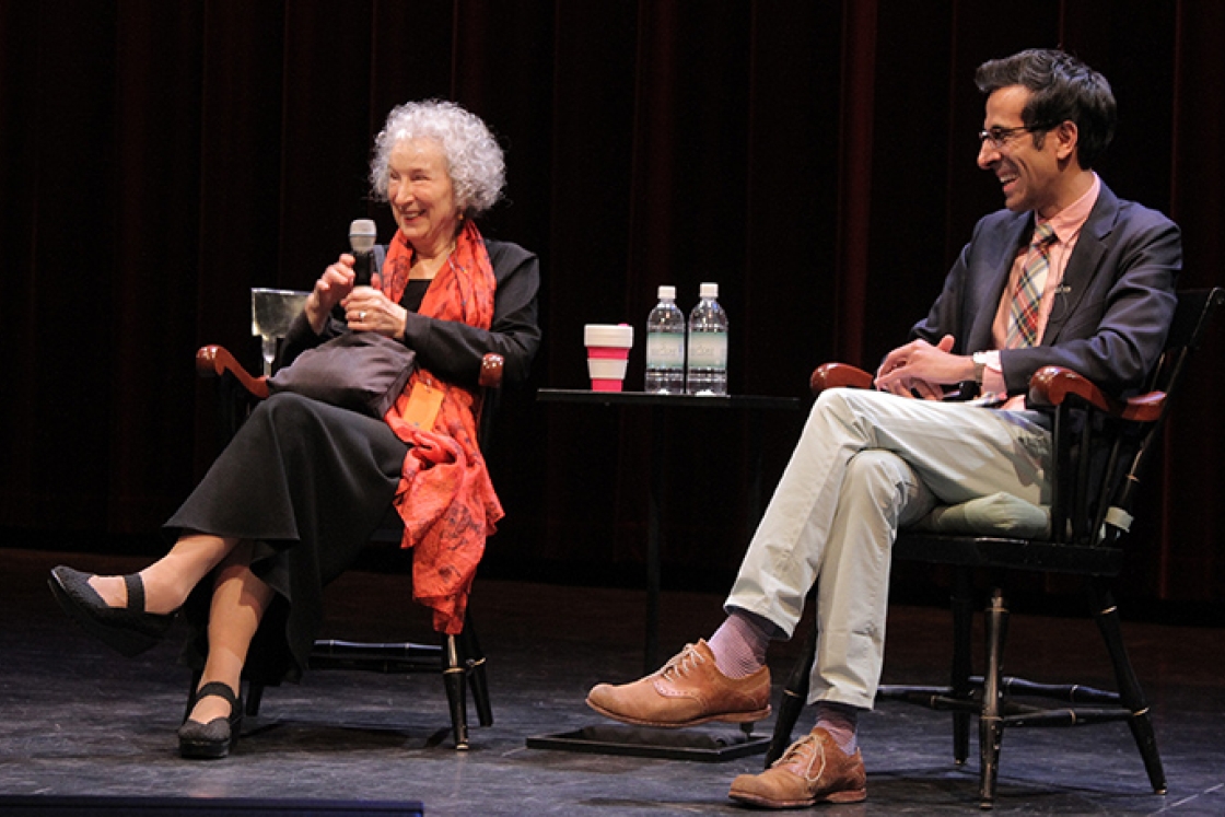 Margaret Atwood and Sonu Bedi sit onstage