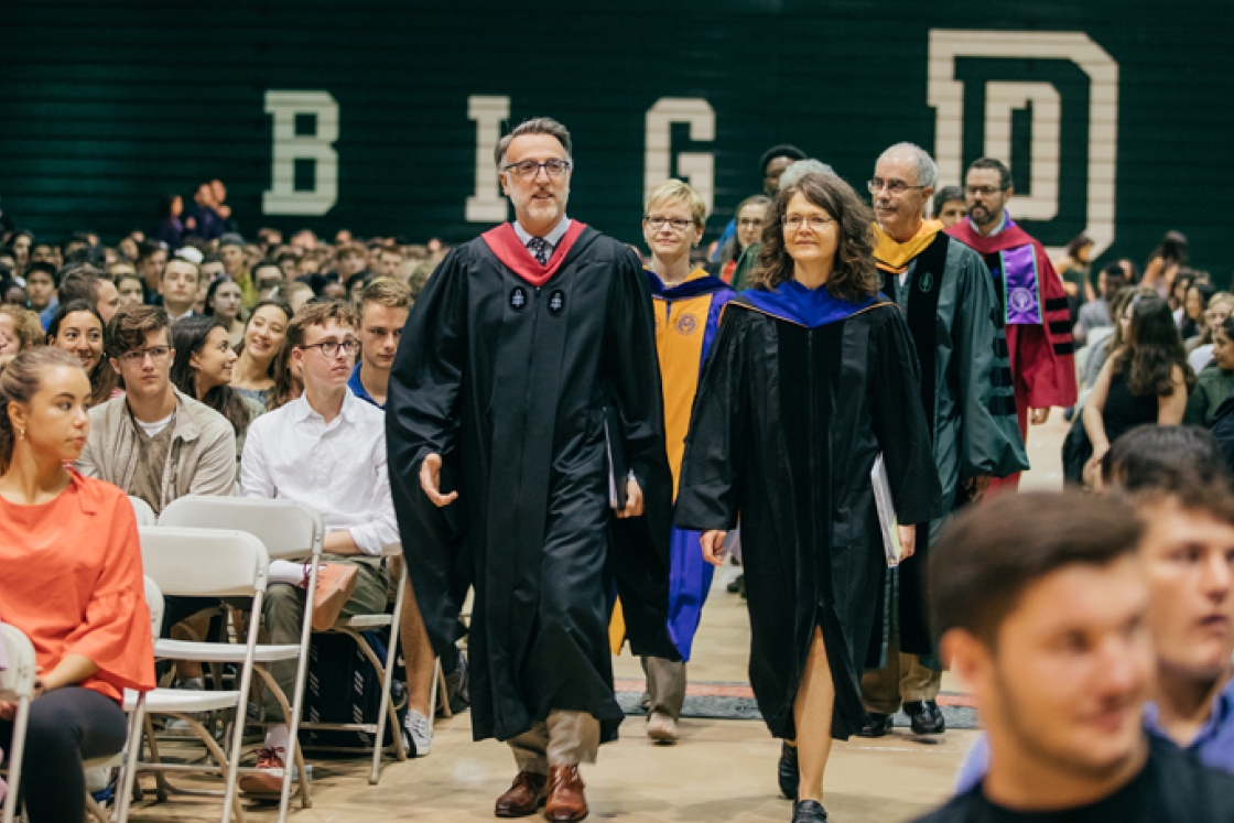From left, Dean of Admissions Lee Coffin, Dean of the Faculty Elizabeth Smith, Dean of the College Kathryn Lively, and President Philip J. Hanlon '77, lead the procession at the beginning of the ceremony welcoming the Class of '23.