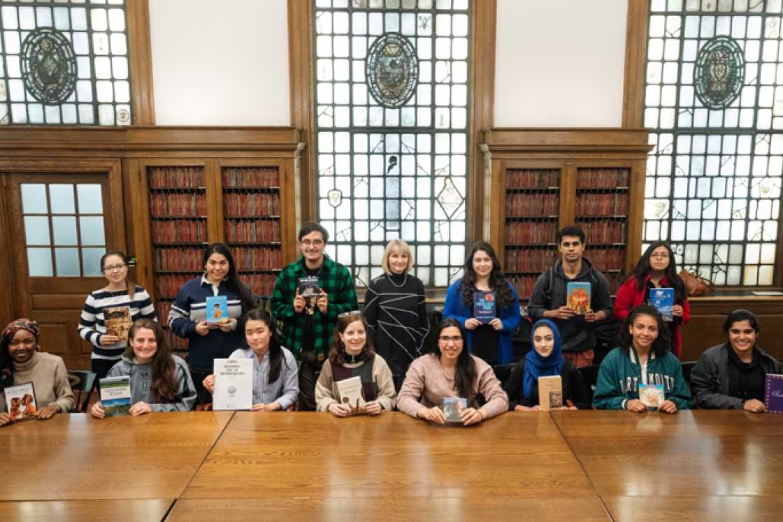 Graduating library employees honored were, front row, from left: Tyne Freeman ’19, Liz Mastrio ’19, Heeju Kim ’19, Keira Byno ’19, Isis Cantu ’19, Kaneez Anwar ’19, Milla Anderson ’19, and Amrit Ahluwalia ’19; back row, from left: Kaylee Paul ’19, Anabel