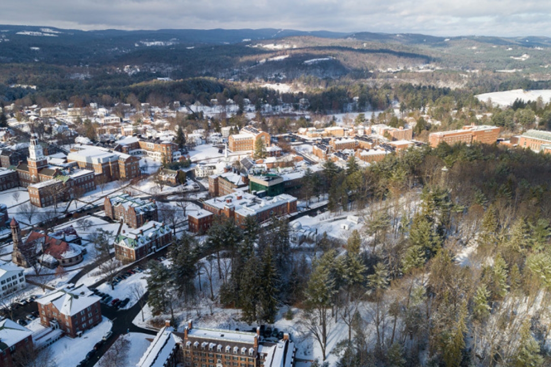 Aerial campus view with snow covering the ground