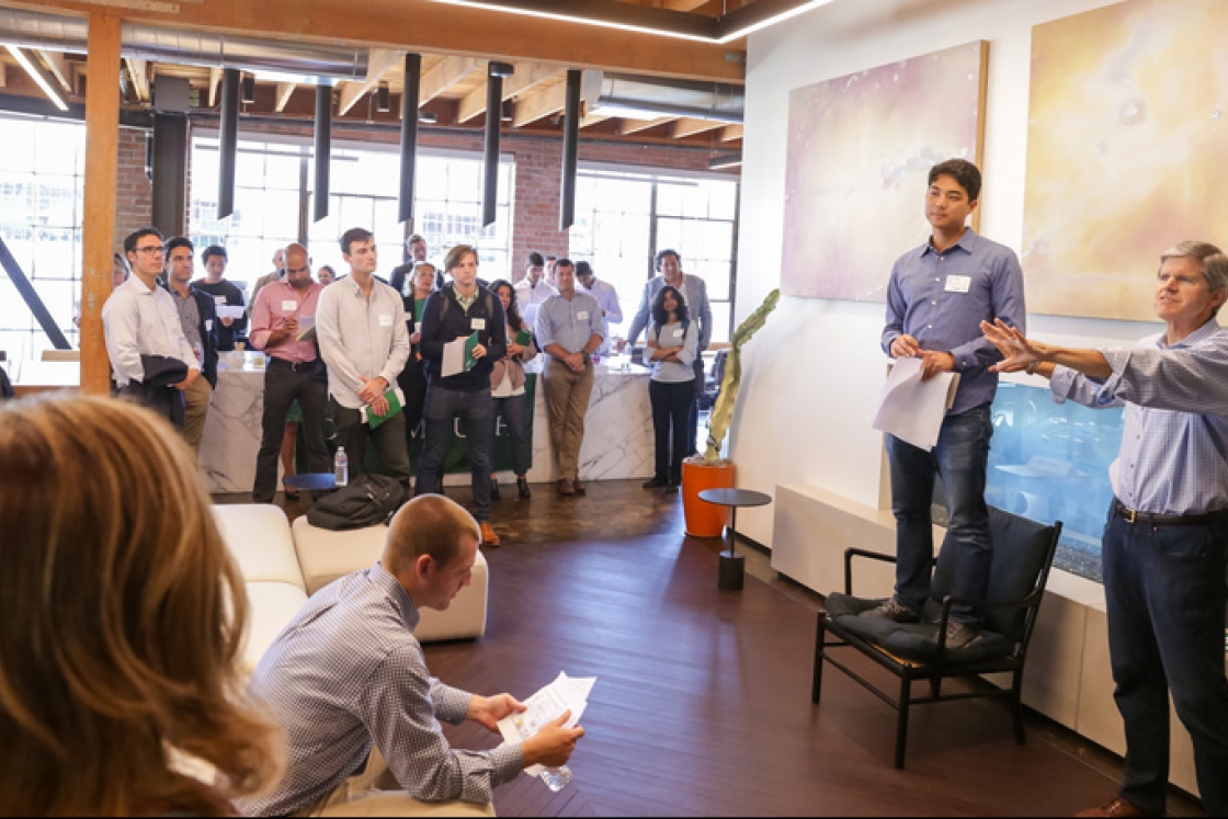 Jeff Crowe '78, right, and Brian Moon '12 welcome Dartmouth community members to a workshop for pre-launch and seed stage start-ups as part of the 2019 San Francisco Dartmouth Entrepreneurs Forum, hosted last week by the Magnuson Center for Entrepreneursh
