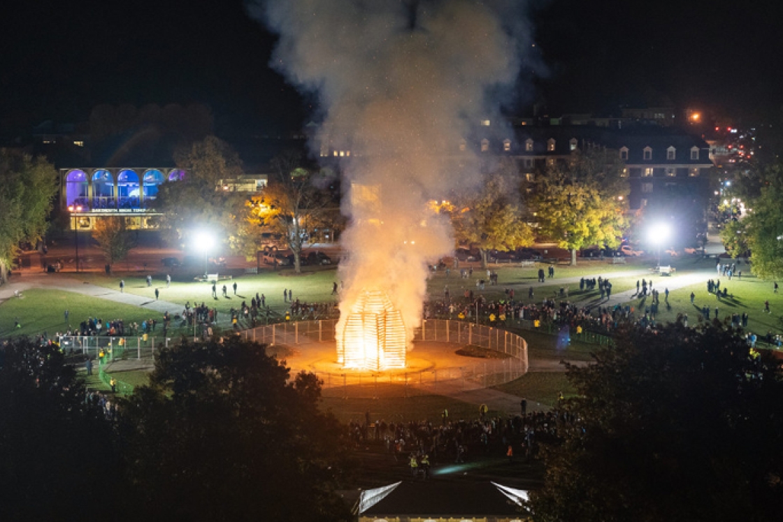 The bonfire lights up the night at last year's homecoming.