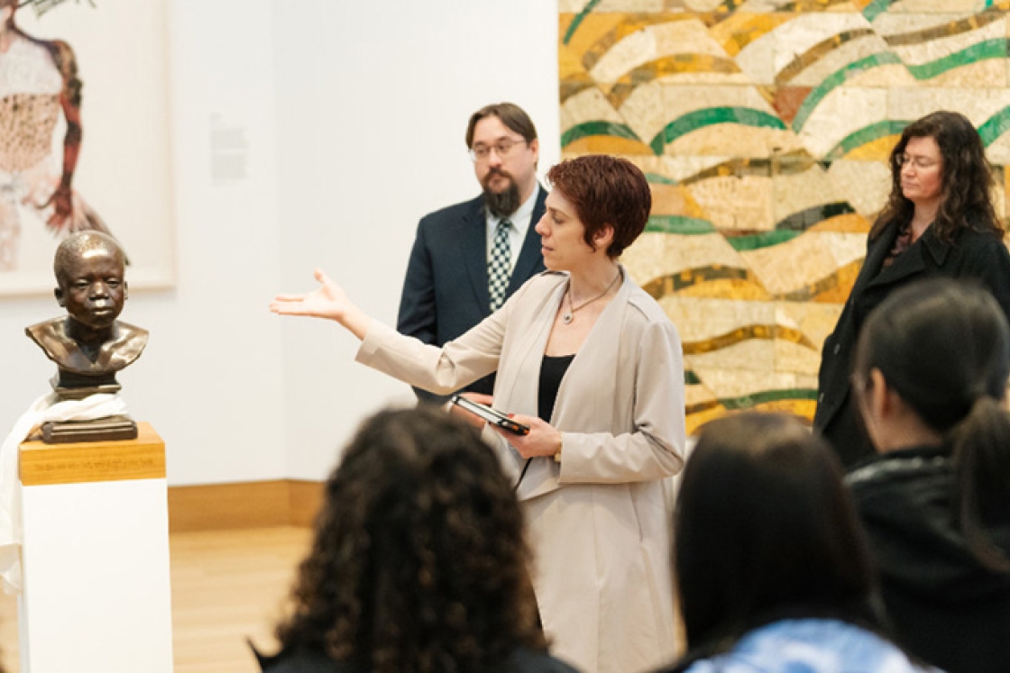 Juliette Bianco '94, deputy director of the Hood Museum of Art, gives a tour of the new galleries after the Hood reopened earlier this year.