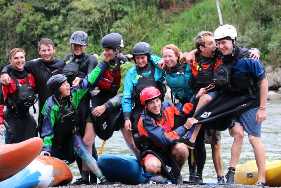 Members of the Ledyard Canoe Club during a 2018 whitewater paddle adventure in El Chaco, Ecuador, are, from left, Michael Schedin '20, Sheppard Somers '19, Katie Bogart '20 (crouching), Coby Gibson '21, Charlie Pike '22, Kat Adelman '21, Robert Livaudais