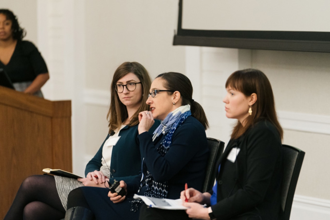 Representatives of the National Academies of Sciences, Engineering, and Medicine (NASEM) Arielle Baker, Guarini '19 (seated, left), Lilia Cortina, and Frazier Benya answer questions on the NASEM report on sexual harassment in a session moderated by C3I Di