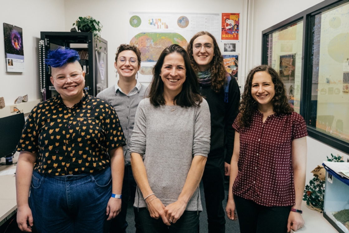 The Planetary Surfaces Computing Lab. Back row, from left: Melanie Kanine '20 and Audrey Putnam, Guarini '20. Front row: Torie Roseborough, Guarini '23, Assistant Professor Maria Palucis, and post-doctoral researcher Frances Rivera-Hernandez.