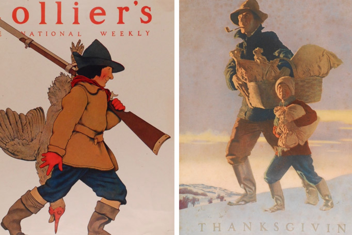 Two Collier's weekly covers side-by-side from past Thanksgivings. One features a hunter bringing back a turkey after a hunt. The other is a farmer and his son walking with bundles in their hands.