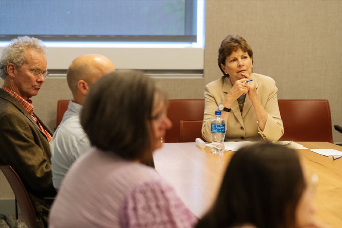 Sen. Jeanne Shaheen (D, N.H.) and James Sargent, left, director of the C. Everett Koop Institute, host a roundtable discussion at Dartmouth last week on the health risks of e-cigarettes to New Hampshire's youth.