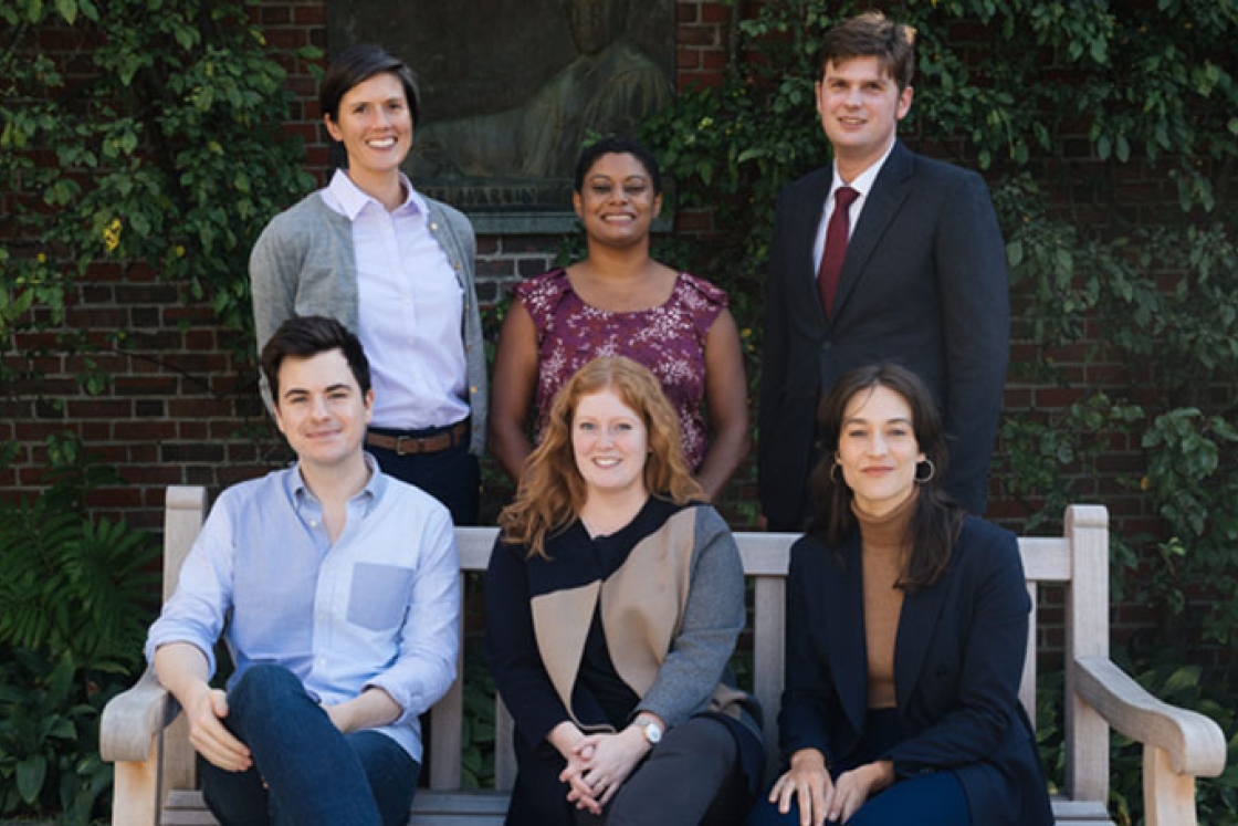 The six newest Society of Fellows postdoctoral scholars are, back row from left Elizabeth Lhost, Monica Nesbitt-Williams, James A. Godley, front row from left, Nicholas Rinehart, Whitney Barlow Robles, and Emilie Connolly. (Photos by Eli Burakian '00)