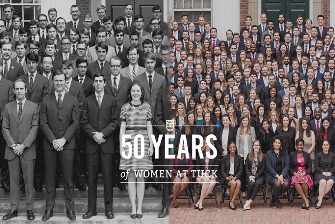 A split photo showing Martha Fransson, Tuck '70, the first woman to graduate from Tuck, with her classmates on the left and on the right and recent class with many more women in its ranks