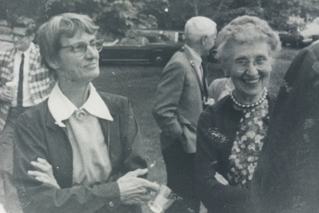 Professor of Biology Hannah Croasdale, left, and Mildred Morse, secretary and curator in the art department, at a convocation event in 1969