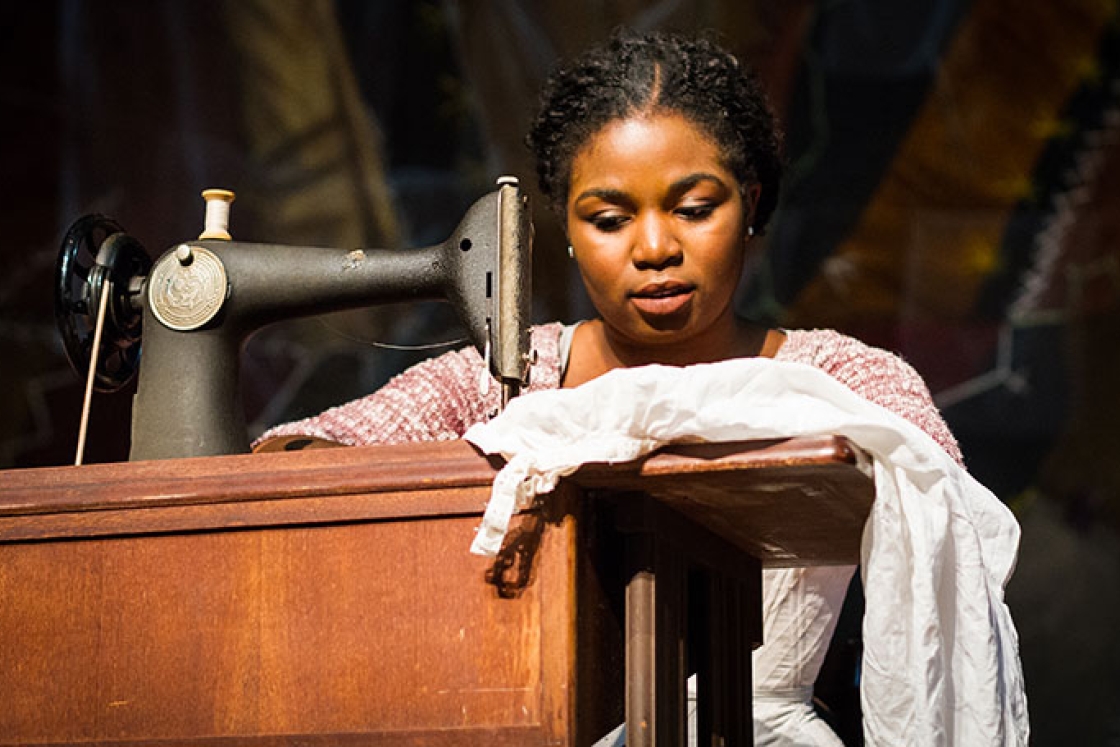 Zahra Ruffin ’17 rehearses a scene as Esther in Lynn Nottage’s Intimate Apparel.