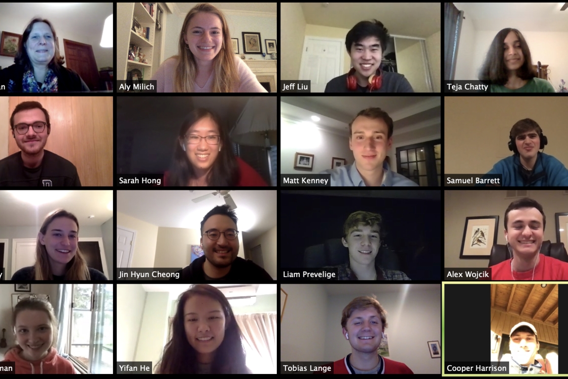 Magnuson Center Program Manager Sarah Morgan, top left, leads a Zoom session with student entrepreneurs, from left, from top to bottom, Aly Milich '21, Jeff Liu '23, Teja Chatty, Thayer '21, Jake Epstein '21, Sarah Hong '21, Matt Kenney '21, Samuel Barret