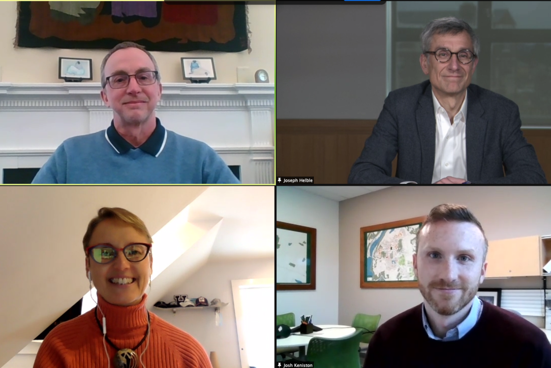 Participants on this week's webcast were, clockwise from top left, Dartmouth College Health Services Director Mark Reed, Provost Joseph Helble, and COVID-19 Task Force co-chairs Josh Keniston and Lisa V. Adams.