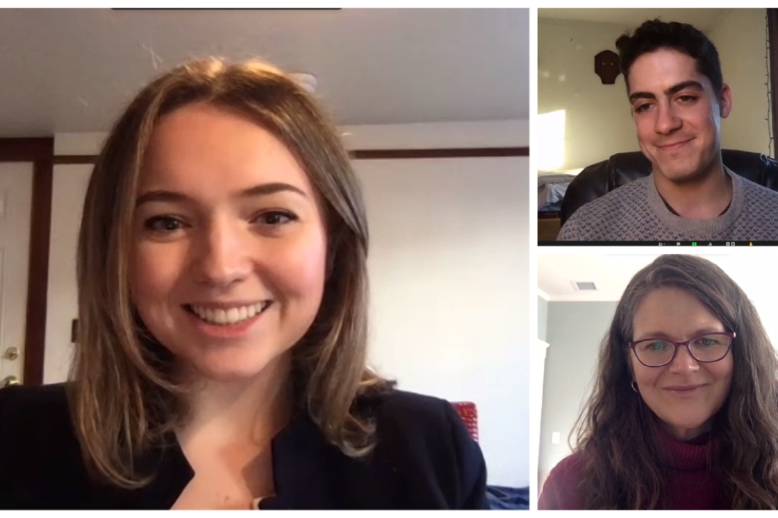 Provost Joseph Helble's guests at this week's webcast were Student Assembly President Cait McGovern '21, left, Student Assembly Vice President Jonathan Briffault '21, and Dean of the College Kathryn Lively.
