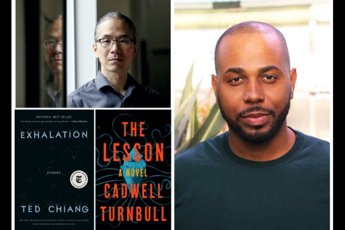 photos of Neukom winners Ted Chiang and Cadwell Turnbull as well as their book covers