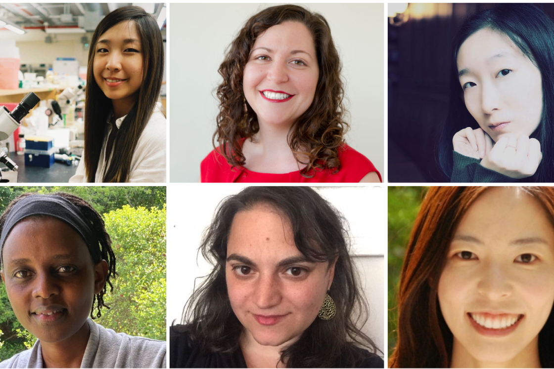 The six new postdoctoral scholars who have joined the Society of Fellows are, clockwise from top left, Jeemin Rhim, Danielle Simon, Yi Wu, Hiroko Kumaki, Amy Schiller, and Glorieuse Uwizeye.