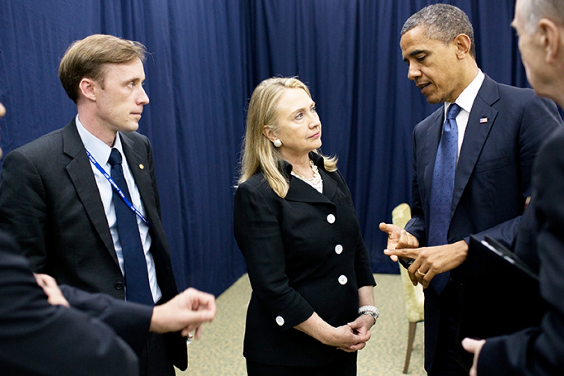 Jake Sullivan with Hillary Clinton and President Barack Obama