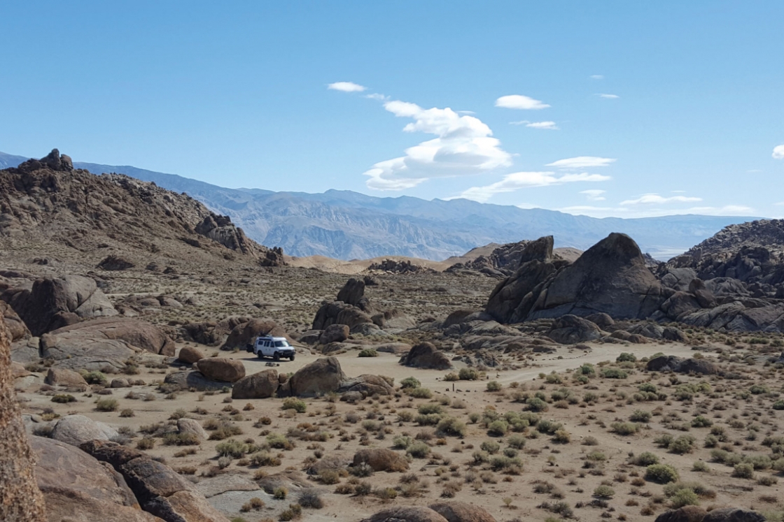 Mary Hollendoner '98 and her family embarked on the ultimate road trip nearly three years ago. They made an early stop in the Alabama Hills of California's Sierra Nevada.