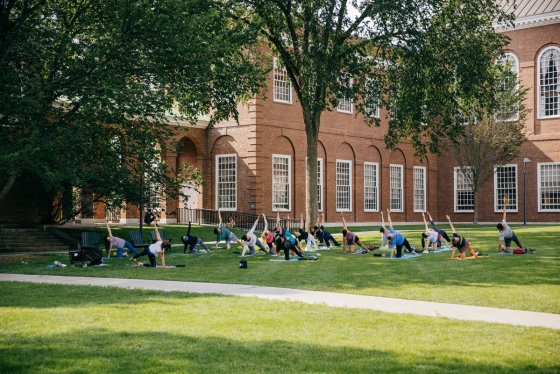 Dartmouth community members participate in outdoor yoga on Baker Lawn.