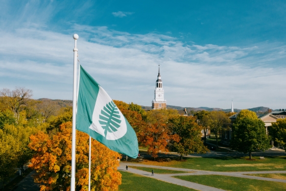 Dartmouth flag and Baker tower during fall