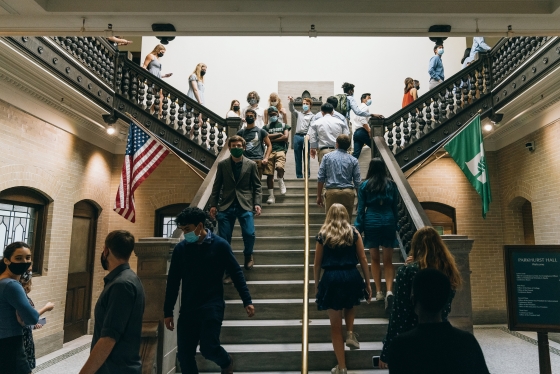Students on stairs of Parkhurst hall