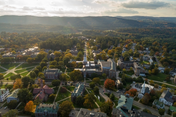 Aerial view of campus in fall
