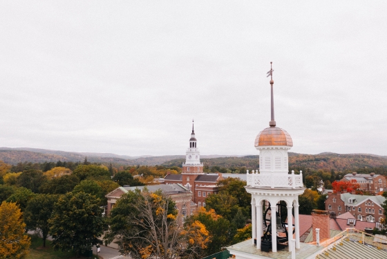 Aerial view of Dartmouth Hall and Baker Tower steeples in fall