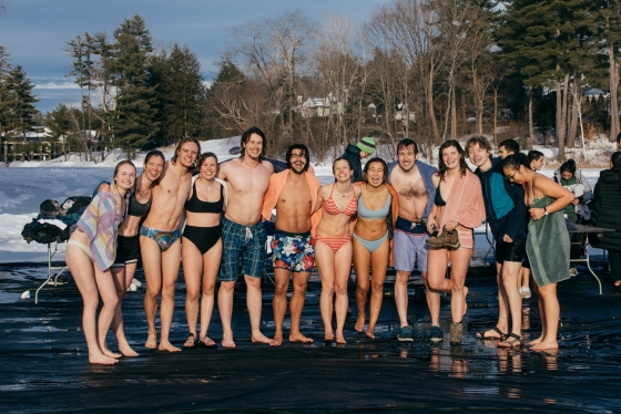 Group of students posing for the camera after the polar bear plunge
