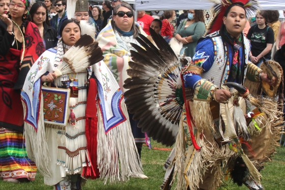 Kendra Eaglestar, Jemez Pueblo and Atsa Zah dressed in traditional dress